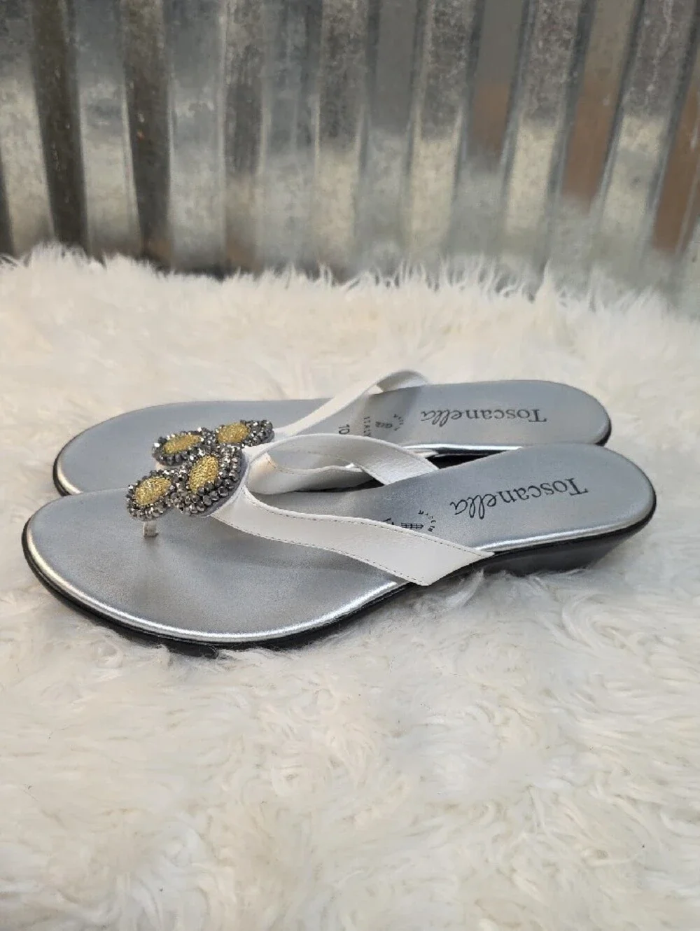 Toscanella White Jeweled Toe-Post Sandals with Silver Footbed